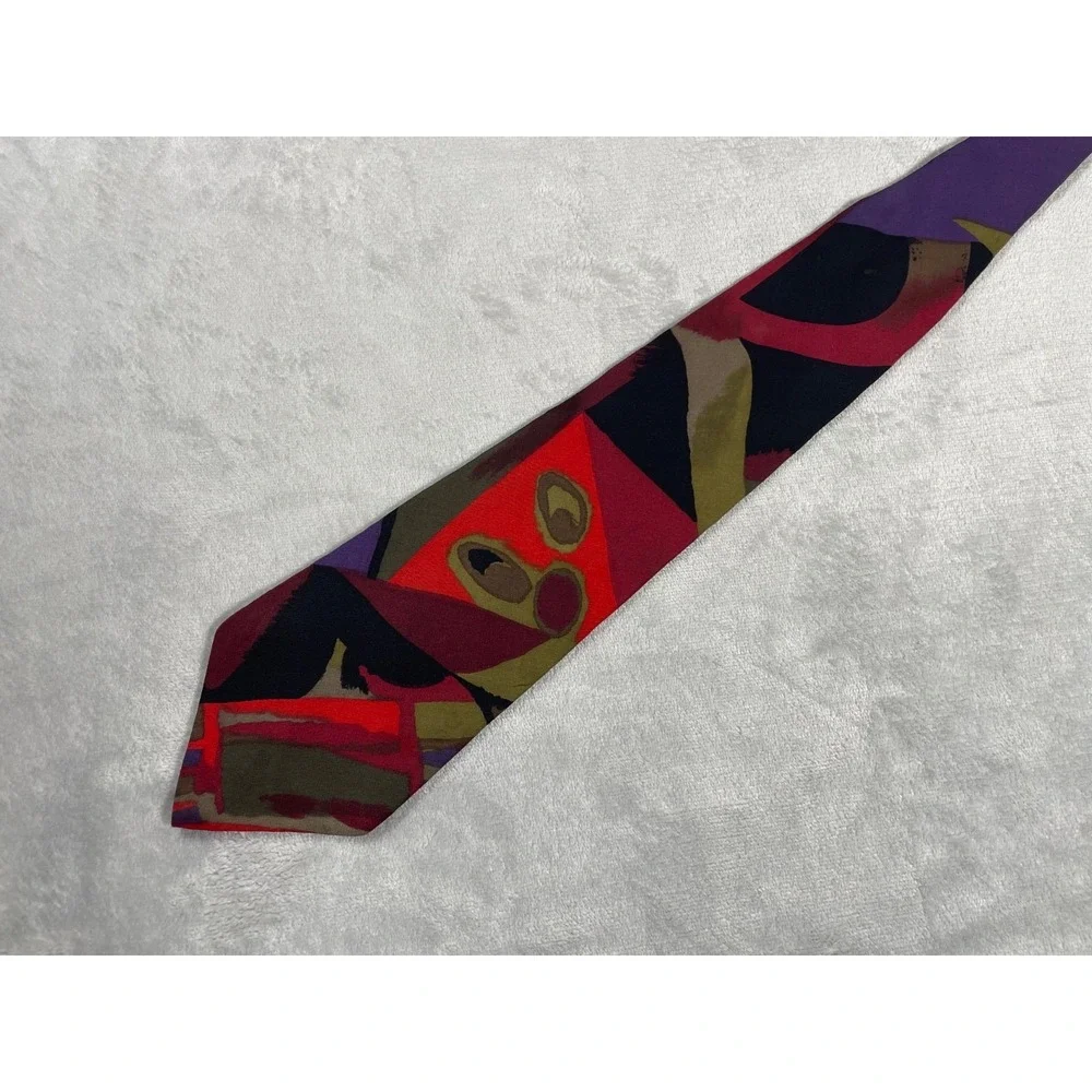 Vintage Pierre Cardin Tie Men's One Size Red Olive Abstract Geometric Silk USA